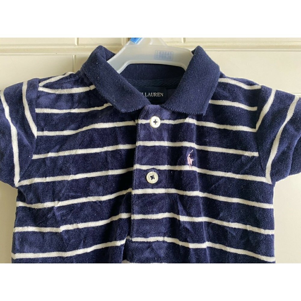 Ralph‎ Lauren 12 Month Baby Girl Navy Blue Velour Striped Short Sleeve Dress - Picture 3 of 6
